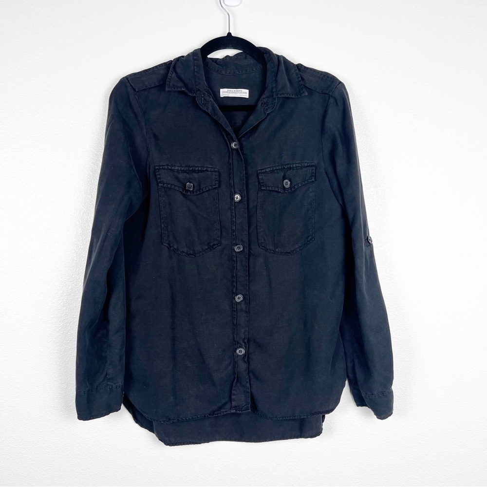Zara Premium Denim Collection Black Button Up Shirt Women Small Relaxed Fit